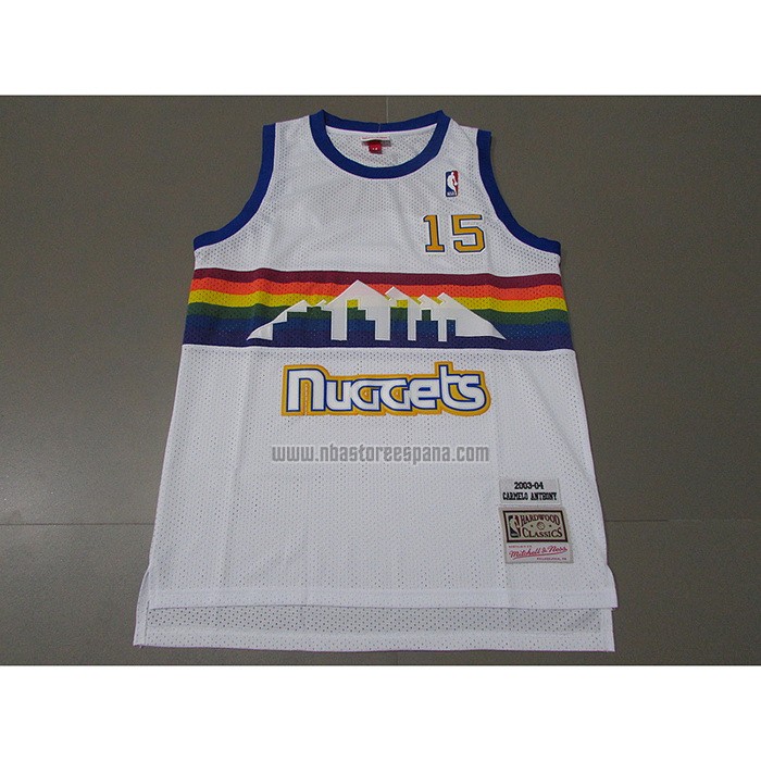 Camiseta Denver Nuggets Carmelo Anthony NO 15 Mitchell & Ness 2003-04 Blanco